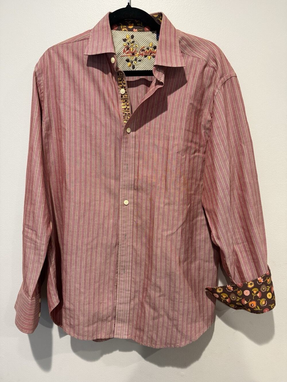 Robert Graham Cotton Red Brown Striped Flip Floral Cuff Button Dress Shirt Large